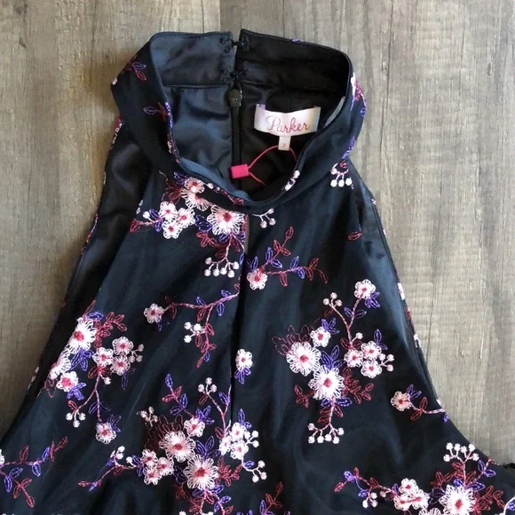 Parker Luana Black Floral Embroidered Halter Mini Dress 2 NEW - Picture 6 of 11